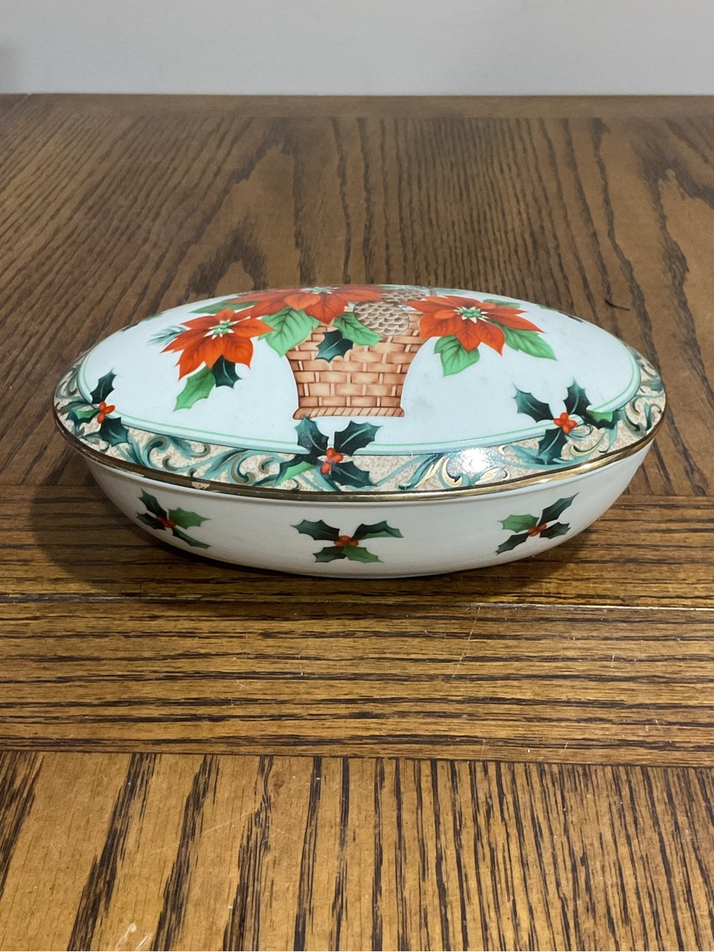 Pretty Mikasa Poinsettia Basket Porcelain Trinket Box in holiday colors